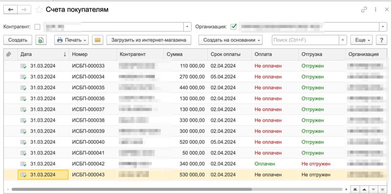 форма списка со статусом оплаты счета